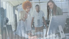 Four professionals collaborating around computer in office, with animated financial charts hovering. Collaboration, teamwork, data analysis, modern workspace, professional environment, business - Powered by Shutterstock - Get 15% off with code: PIKWIZARD15