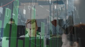 office team collaborating around desk, overlaying green finance bar graphs and candlestick charts. Finance, analytics, teamwork, technology, business, data visualization, corporate - Powered by Shutterstock - Get 15% off with code: PIKWIZARD15