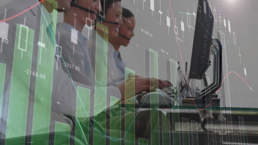 Office team wearing headsets typing at monitors, displaying animated financial charts and data. Technology, collaboration, finance, data analysis, professional, modern, communication - Powered by Shutterstock - Get 15% off with code: PIKWIZARD15