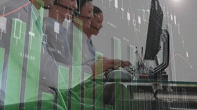 Office team wearing headsets typing at monitors, displaying animated financial charts and data. Technology, collaboration, finance, data analysis, professional, modern, communication - Powered by Shutterstock - Get 15% off with code: PIKWIZARD15