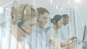 Call center agents working at office desks, speaking through headsets, financial charts floating. Collaboration, customer service, corporate, professional, teamwork, technology, modern - Powered by Shutterstock - Get 15% off with code: PIKWIZARD15