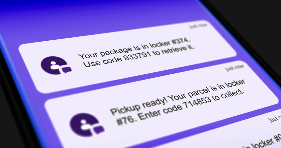 Parcel lockers incoming messages on smartphone screen, list of scrolling messages with one-time password from self-service smart lockers, footage 