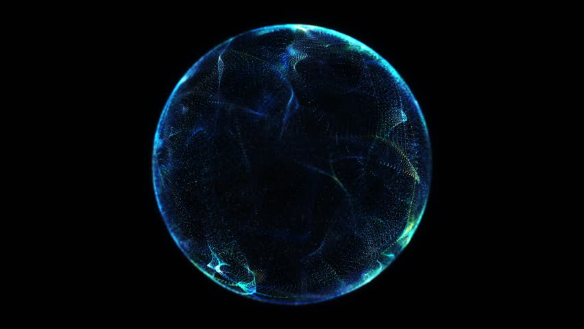 3D abstract glowing technology sphere with dynamic digital particles on black background. Futuristic data globe concept for cybersecurity, AI, and innovation themes. Seamless loop 4K