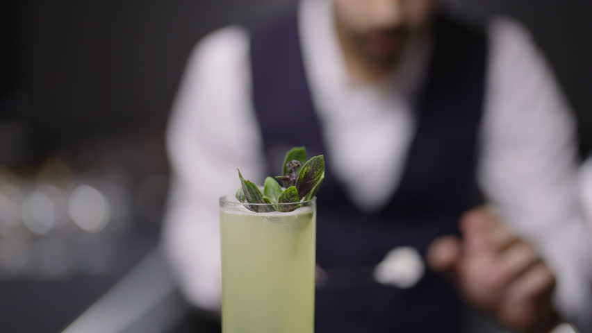 A skilled bartender carefully garnishes a refreshing cocktail, highlighting the art of drink preparation.