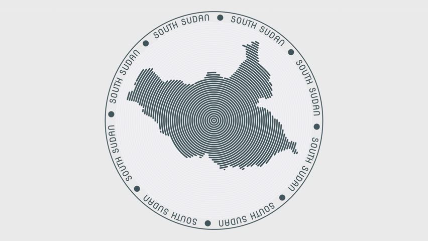 South Sudan shape with dynamic circles visual effect. Animation of South Sudan logo appearing from rotating rings and country name around the shape. Intro, opening, closing, logo video.
