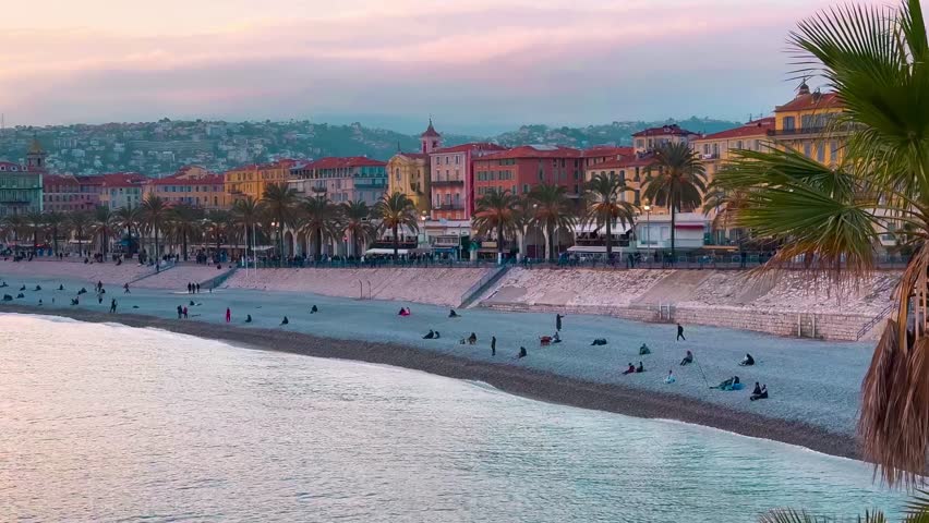 French Riviera. Sunset on the seashore in Nice, Provence-Alpes-Cote d'Azur, France 27 February 2025. High quality 4k footage