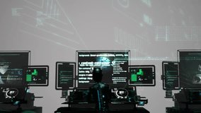 animation showcases a futuristic setup with humanoid robot figures working at computer workstations. Multiple screens display complex code - Powered by Shutterstock - Get 15% off with code: PIKWIZARD15