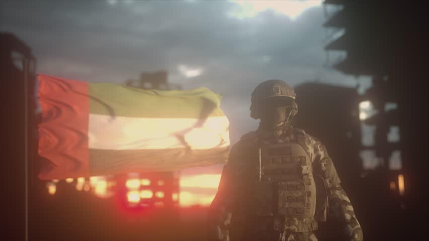 Military Scene With UAE Flag and Armored Soldier in Backlight