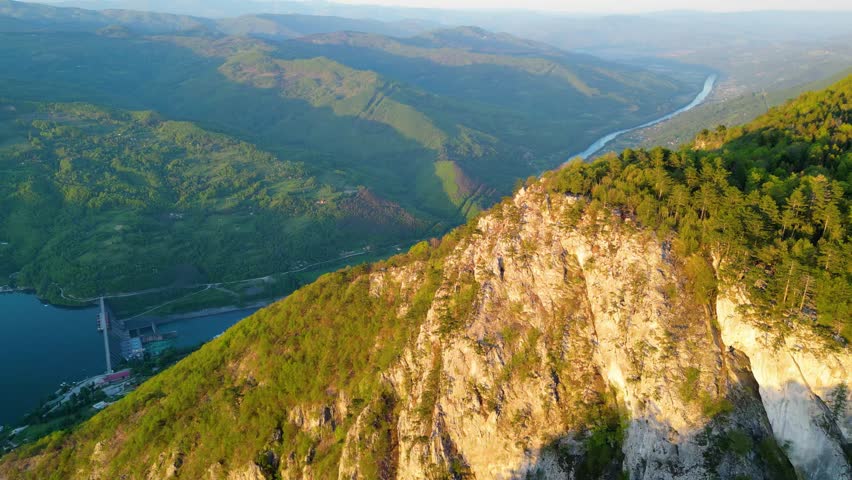Aerial view of Banjska Stena Viewpoint, one of the most famous lookouts in Serbia, offering breathtaking panoramas over Lake Perućac and the Drina River canyon in Tara National Park