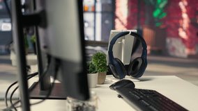 Modern creative office for a photo editor with AI and retouching software, showing an empty desk with computer running advanced design program. Artistic digital media adjustments. - Powered by Shutterstock - Get 15% off with code: PIKWIZARD15