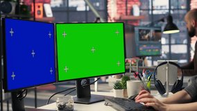 Professional woman works at modern workspace using green screen on dual monitors setup. High tech office environment enhances productivity, IT professionals and content creation. Camera B. - Powered by Shutterstock - Get 15% off with code: PIKWIZARD15