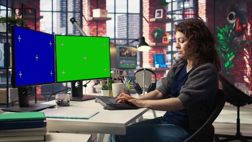 Professional woman works at modern workspace using green screen on dual monitors setup. High tech office environment enhances productivity, IT professionals and content creation. Camera A.