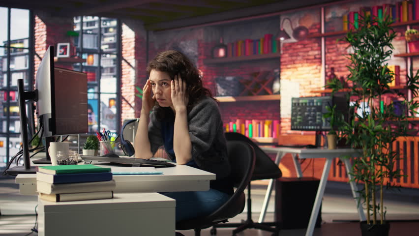 Devastated sad woman losing financial value on stock trading platform, crying and being stressed following market crash. Worried overwhelmed investor deals with monetary losses. Camera A.