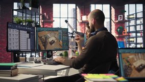 Designers team works on remodeling project using architectural software on PC to configure room layouts. Program allows to drag and drop elements or assets, adjusting virtual furniture. Camera A. - Powered by Shutterstock - Get 15% off with code: PIKWIZARD15