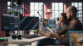 Team of analysts examining presentation charts and data on dashboard, using analytics tools to help monitoring business statistics. People analyze performance metrics and diagrams. Camera A. - Powered by Shutterstock - Get 15% off with code: PIKWIZARD15