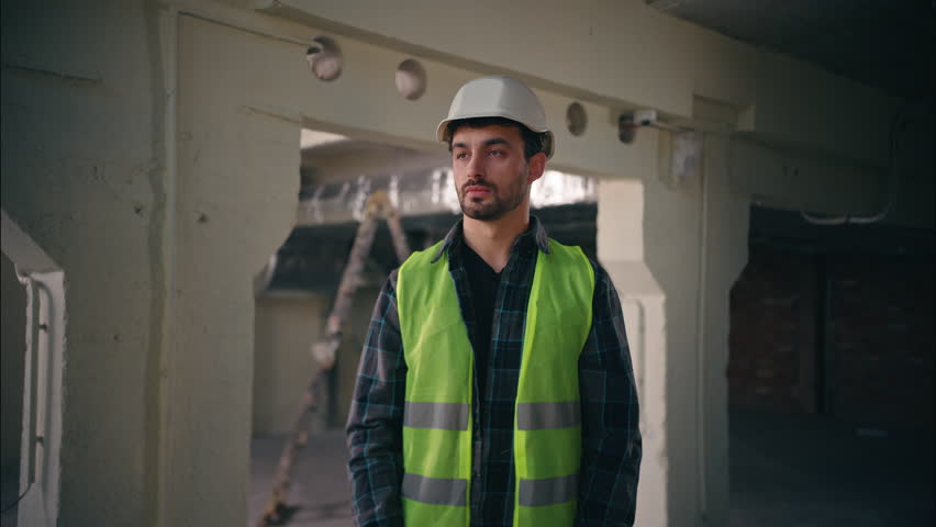 Serious Caucasian guy mechanic man repairman employee putting on safety glasses in construction factory workwear engineer builder protect eyes male handyman wear gear manufacturing contractor building