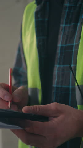 Thoughtful pensive Caucasian man builder industry engineer manufacture worker thinking writing construction plan foreman inspecting male in hard hat architect guy correct paper build project analysing