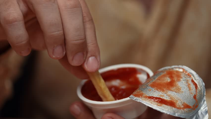Junk food advertisement concept. Adult stylish bearded man sitting at table and eating french fries, holding potato and dipping it in ketchup, enjoying tasty fast food, close up. Slow motion.