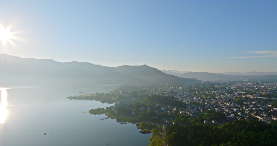 Aerial view in front of lake Kawaguchi and Fujikawaguchiko, sunrise in Japan