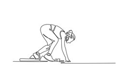 Animated self drawing continuous line draw female runner using starting block to start run on running track in stadium. Woman athlete practicing speed running marathon. Full length one line animation - Powered by Shutterstock - Get 15% off with code: PIKWIZARD15