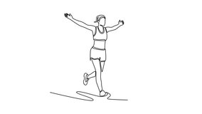 Animated self drawing of continuous line active woman runner winner at finish line for victory, celebration of sport at stadium. Winning girl success for race marathon. Full length one line animation - Powered by Shutterstock - Get 15% off with code: PIKWIZARD15