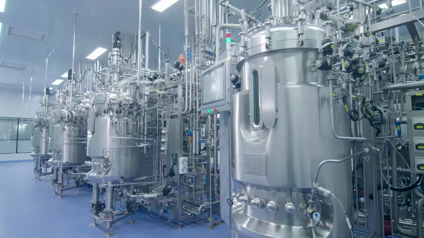 Workshop high-tech stainless steel industrial processing tank control panel for automation, advanced industrial equipment production of pharmaceutical biopharmaceuticals in modern production facility