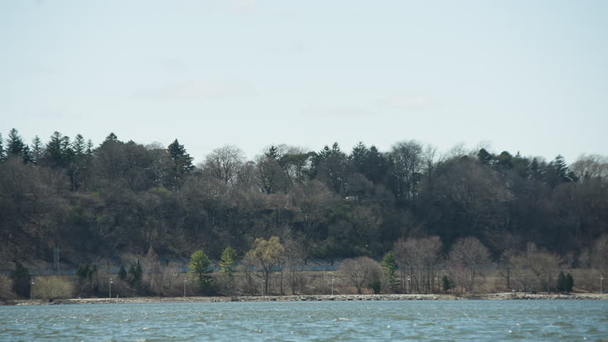 Hamilton, Ontario, Canada - A Wooded Escarpment Rises Beyond the Water’s Edge Under a Clear Blue Sky - Static Shot