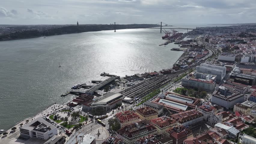 Lisbon Skyline At Lisbon In District Of Lisbon Portugal. Coastline Scenery. Beautiful Cityscape. Lisbon Skyline At Portugal. Historical City Landscape. Tourism Landmark.