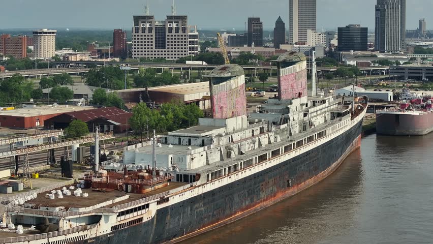 Aerial view of the SS United States and downtown Mobile Alabama