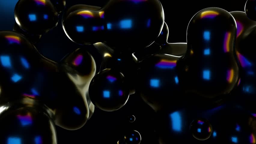 Seamless loop animation features dark, glossy multicolored organic shapes floating, merging. Abstract visual for technology, mystery, liquid concepts, or background texture
