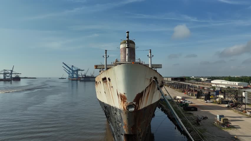Bow view of the SS United States docked at the Port of Mobile in Alabama