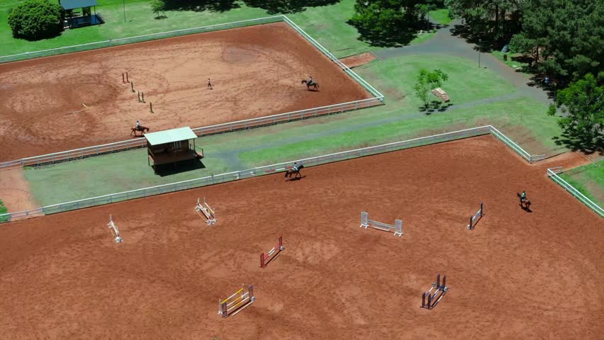 Wide equestrian training area with multiple horses and obstacles in separate fenced sections.