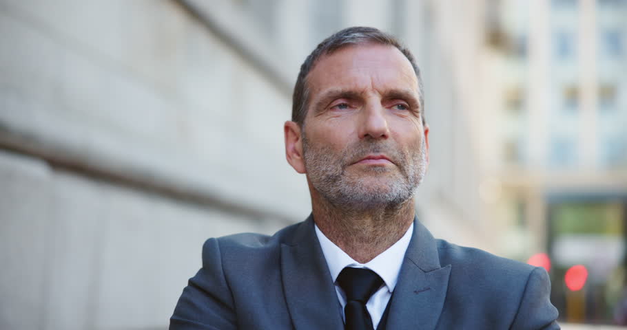 Thinking, city and business mature man for solution, planning and company future outdoor. Corporate manager, professional and person in town with thoughtful, inspiration and reflection for career