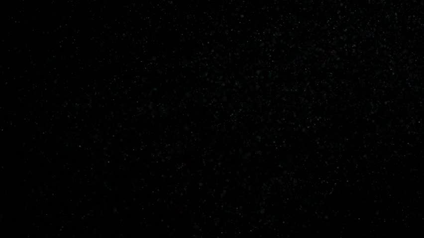 Tiny dust randomly flying in the smoky air, empty space template for objects. Many dust particles white powder floating in darkness on empty black contrast background. Slow motion.