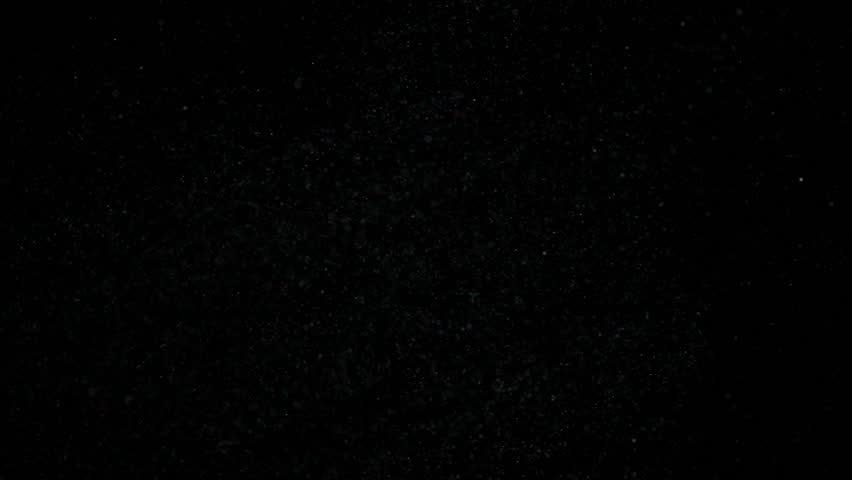 Tiny dust randomly flying in the smoky air, empty space template for objects. Many golden glitter particles powder falling, floating on empty black contrast background. Slow motion.