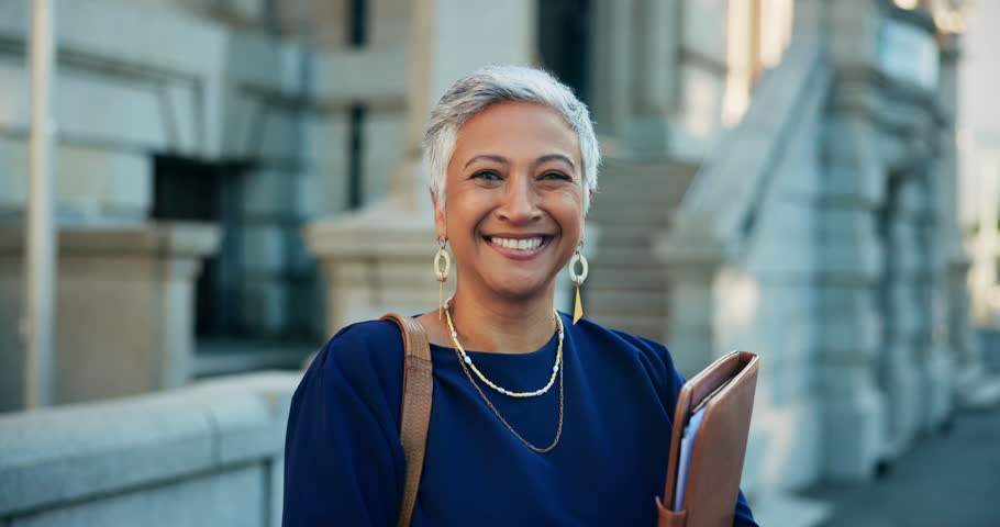 Face, laugh and business woman in city with folder for career in real estate, property investment and pride. Portrait, mature and happy professional outdoor with realtor or housing manager in Brazil