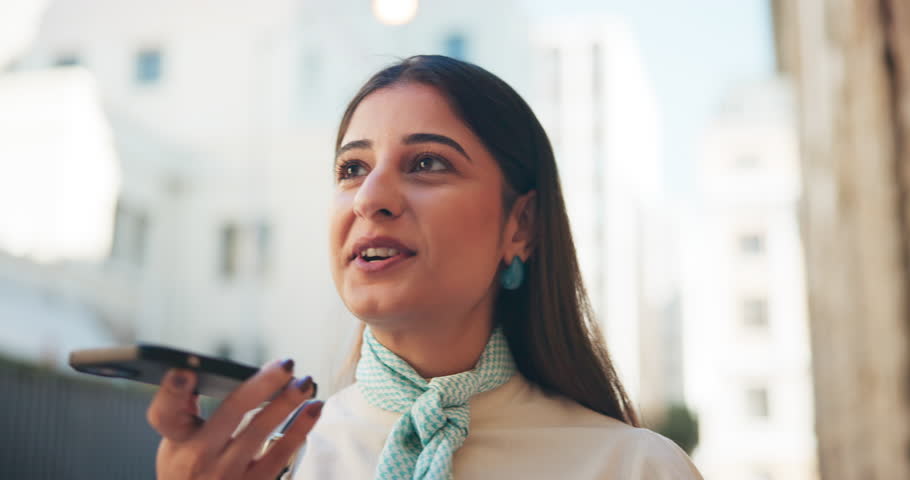 Happy woman, talking and city with phone speaker for communication, audio message or app. Female person, business discussion or employee recording with mobile smartphone for voice note in urban town