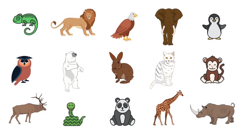 animations of various mammals and birds, with a white background for children