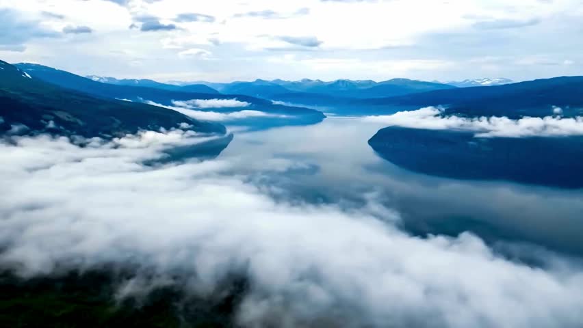 Aerial View of River Valley Fog and Mountains Landscape