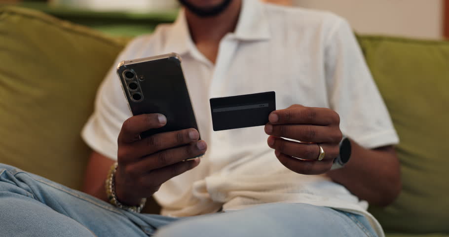 Hands, phone and credit card for ecommerce in home, relax on sofa with online shopping or subscription payment. Mobile app, banking or fintech for person with web store discount and transaction