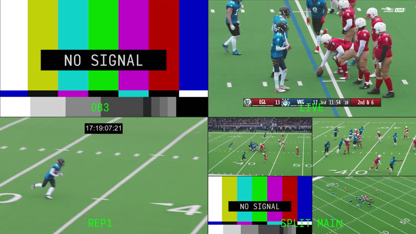 Sports News TV Broadcast Management Interface with American Football Championship Live Stream. Screen Replacement Template for Director's Technical Panel on a Sports Television Network