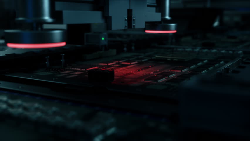 Industrial Robots Producing Circuit Boards on a Conveyor Belt, Implementing Electronic Components. Automation Without Technicians and Engineers in a Futuristic Manufacturing Facility