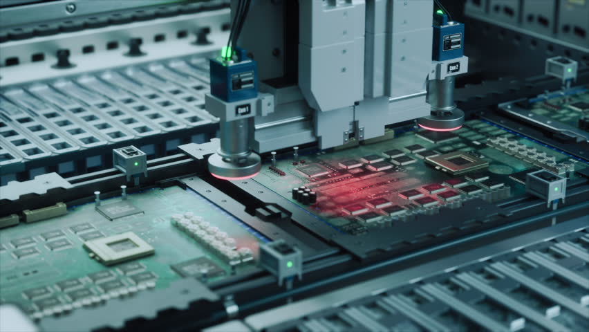 Automated Electronic Components Assembly on an Advanced Factory Conveyor, Working on Circuit Board and Chip Manufacturing. Technological Microelectronics Fabrication Industry Footage