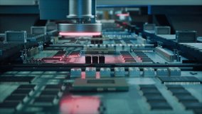 Factory Machine at Work: Printed Circuit Board Being Assembled with Automated Machinery, Surface Mounted Technology Connecting Microchips to the Motherboard. Industrial Macro Close Up Footage - Powered by Shutterstock - Get 15% off with code: PIKWIZARD15