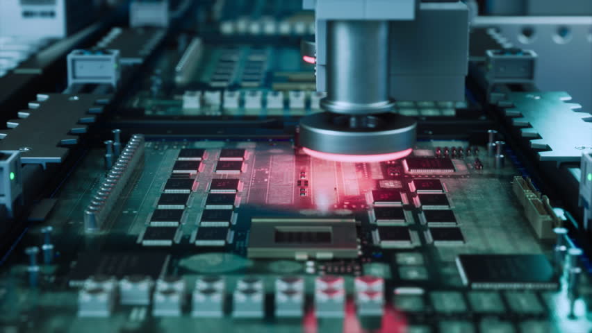 Automated Electronic Components Assembly on an Advanced Factory Conveyor, Working on Circuit Board and Chip Manufacturing. Technological Microelectronics Fabrication Industry Footage