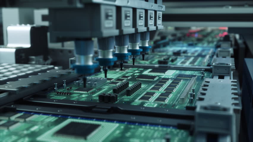 Automated Electronic Components Assembly on an Advanced Factory Conveyor, Working on Circuit Board and Chip Manufacturing. Technological Microelectronics Fabrication Industry Footage