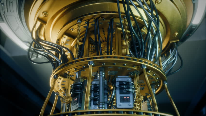 Quantum Computing Hardware is Standing in a Research Center. Close Up on Intricate Gold Wiring, Cooling System, Quantum Chips and Optical Communication Fibers. AI Computation and Science Concept