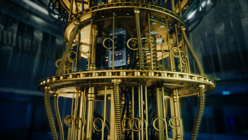 Modern Quantum Computer with Gold Framework and Advanced Wiring and Cooling Systems Standing in Research Institute. Quantum Technology at Work in a High-tech Environment. Close Up Footage