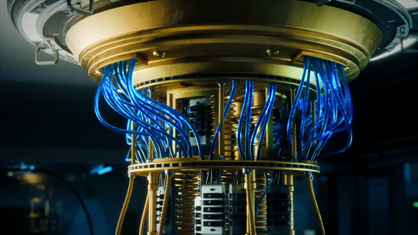 Close Up Footage of a Futuristic Quantum Computer Core with Golden Wiring. Digital Visualization of Data Flowing in Cables. Engineering and AI Innovation Concept with Computational Breakthroughs