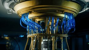 Close Up Footage of a Futuristic Quantum Computer Core with Golden Wiring. Digital Visualization of Data Flowing in Cables. Engineering and AI Innovation Concept with Computational Breakthroughs - Powered by Shutterstock - Get 15% off with code: PIKWIZARD15